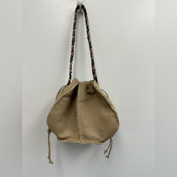 Valerie Steven’s Beige Leather Small Bucket Shoukder Bag Braided Leather Strap - Picture 3 of 16